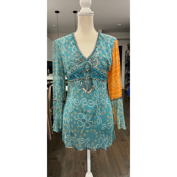 NWT 100% Silk Boho Beaded Blouse Sheer Fairy Blouse Top Y2K Phoebe Buffay Size L - Picture 1 of 16